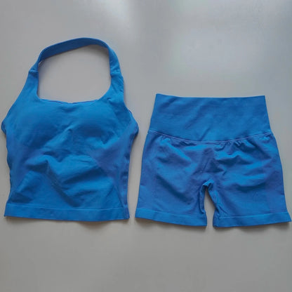Sexy Halter Neck Beautiful Back High Waist Peach Sports Bras Shorts Suit Pilates Gathering Yoga Vest Training Fitness Bra Sets