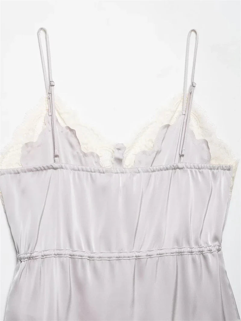 Women's Top 2026 New Spring Summer Lace Decoration Satin Textured Top for Women Chic Personality Female Spaghetti Strap Top