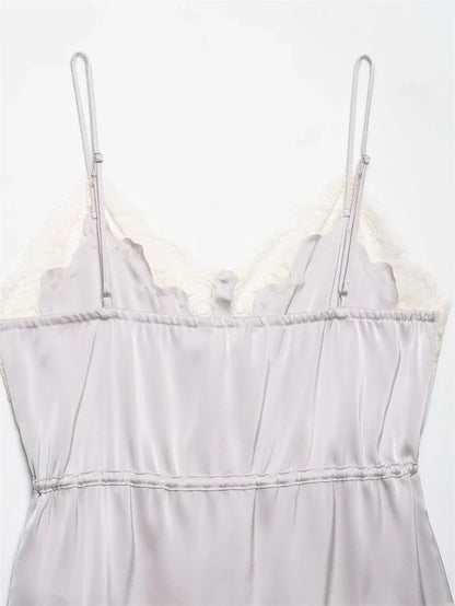 Women's Top 2026 New Spring Summer Lace Decoration Satin Textured Top for Women Chic Personality Female Spaghetti Strap Top