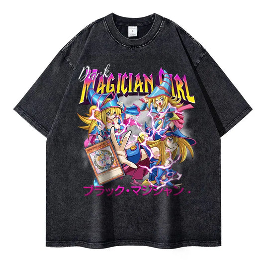 T Shirts Vintage Washed Dark Magician Girl T-shirt Retro Streetwear Manga Black Magician Short Sleeve Tops Tees