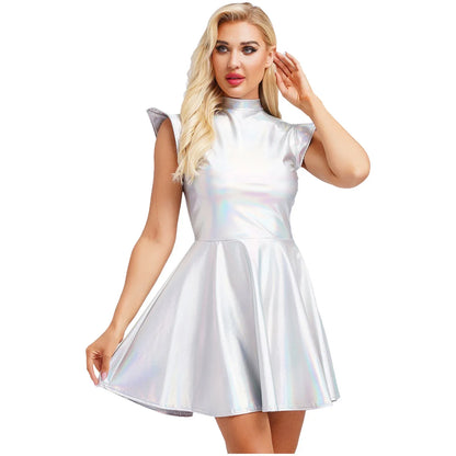 Womens Cocktail Dress Shiny Metallic Dress Alien Space Cap Sleeve High Waist A-line Dress for Halloween Party High Street Dress