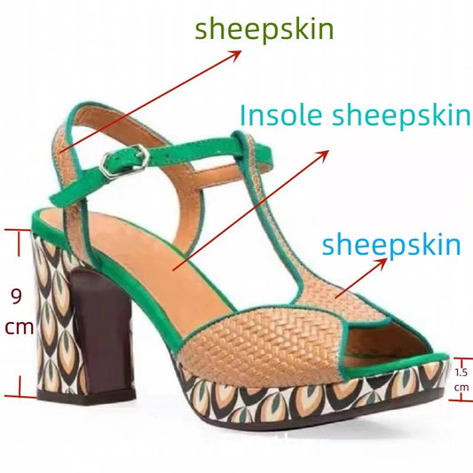 Genuine Leather Shoes High Heels Women Luxury Platform Sandals Thick Heels Designer Square Ladies 36-44