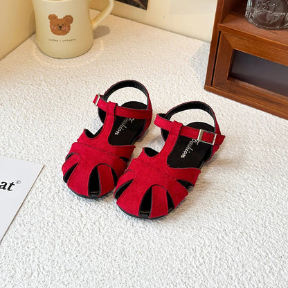 Kids Leather Cage Sandals for Girls 2025 Summer New Toddler Beach Shoes Non-slip Princess Elegant Retro Kid Garden Wedding Flats