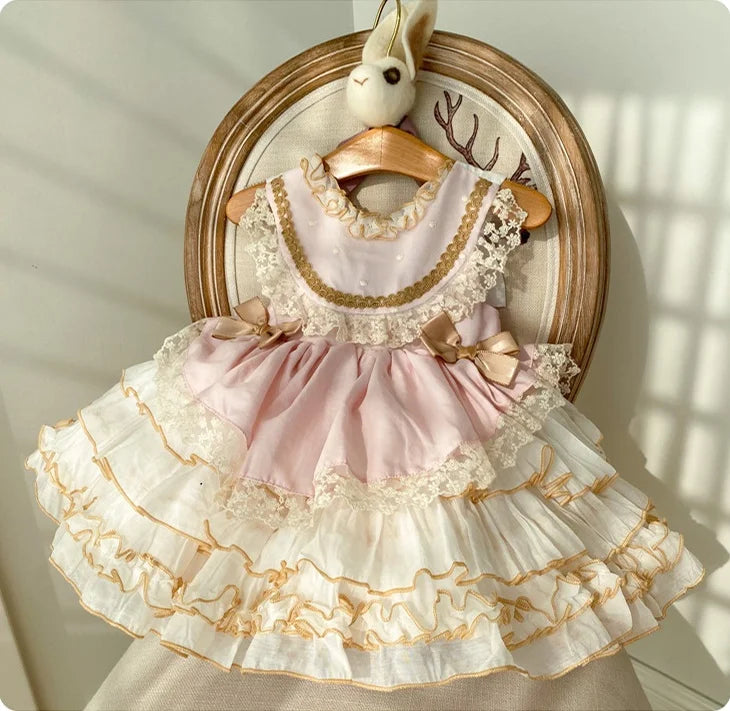 Dress Summer New Bow Lace Cake Princess Dress Birthday Banquet Wedding Flower Girl Performance Clothing
