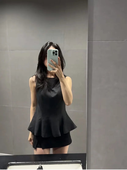 Fall/Winter 2025 New  Women's Fashion Elegant ruffled hem round neck sleeveless waist slim-fit top 4661124
