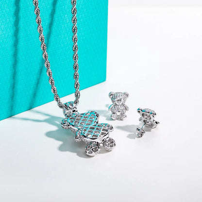 Moissanite Bear Pendant Necklace 925 Sterling Silver Iced Out Stud Earring New Age Hip Hop Jewelry Set for Women