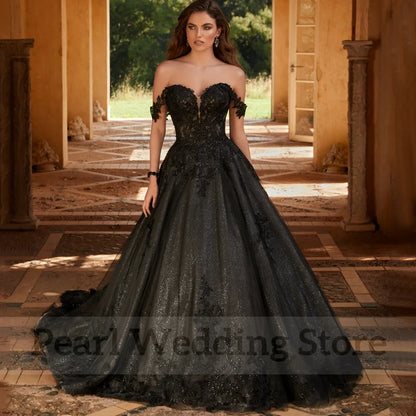 Black Wedding Dress Sweetheart Off the Shoulder Classic Applique Tulle Shiny A-Line Floor Length Bride Open Back Gowns Custom