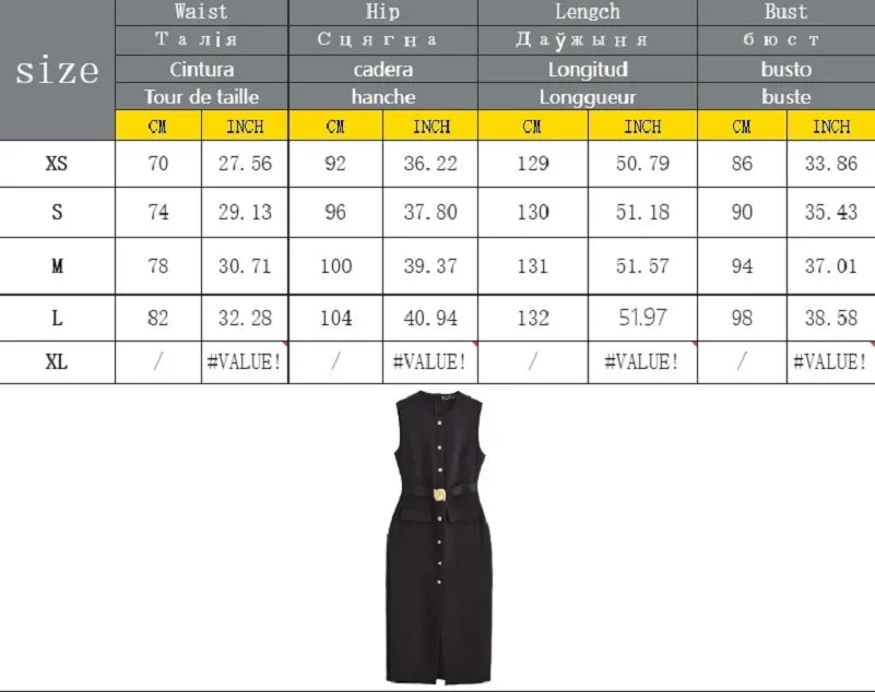 Womens Dresses Black Office Long Dresses for Women Spring Sleeveless Midi Dress Woman Belt Button Women's Dress Vest