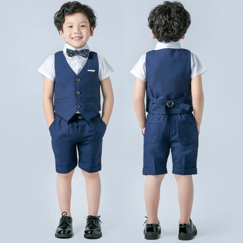 Boys Formal Birthday Photograph Suit Kids Summer Vest Shirt Short Bowtie Wedding Dress Teenager Suit Children Graduation Costume