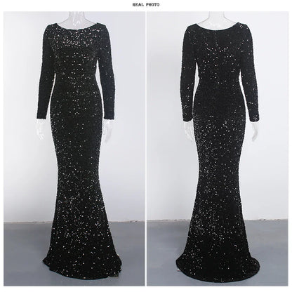 Modest Stretch Sequin O Neck Evening Party Dress Prom Gown Long Sleeve Mermaid Formal Dinner Dresses Elegant 2025