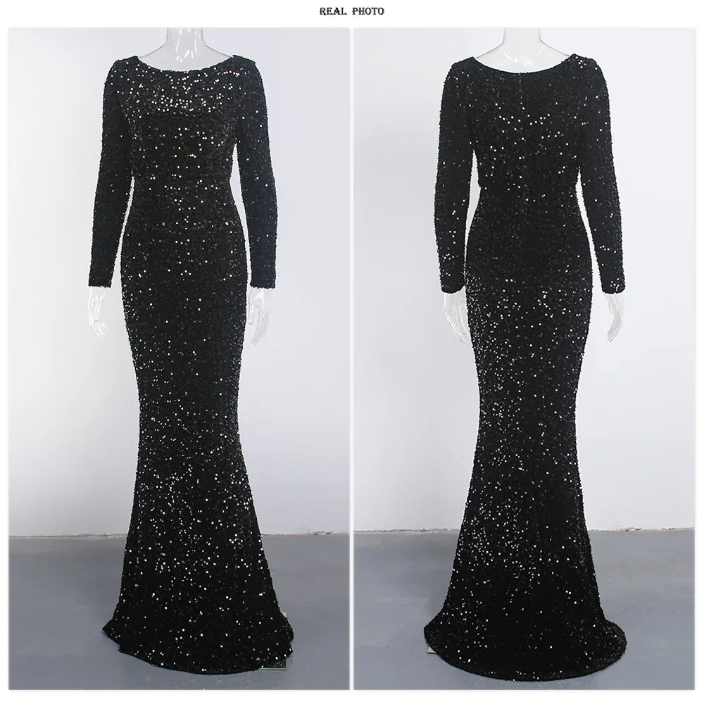 Romagic Women Modest Stretch Sequin O Neck Evening Prom Gown Party Long Dresses Full Sleeved Mermaid Formal Dinner Elegant Dress