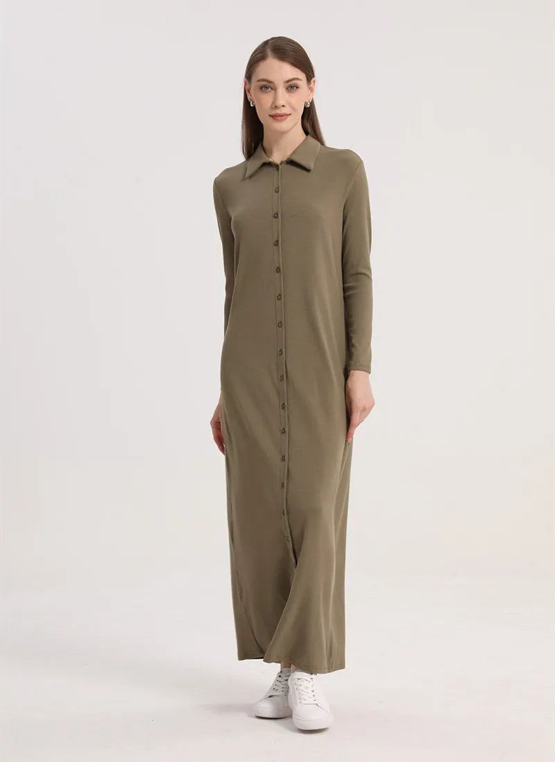 maxi dress button design woman clothes full sleeve Ankle Length comfortable ribbing clothing  ( Ship out in 1 day)