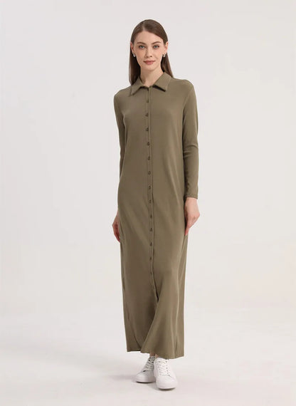 maxi dress button design woman clothes full sleeve Ankle Length comfortable ribbing clothing  ( Ship out in 1 day)