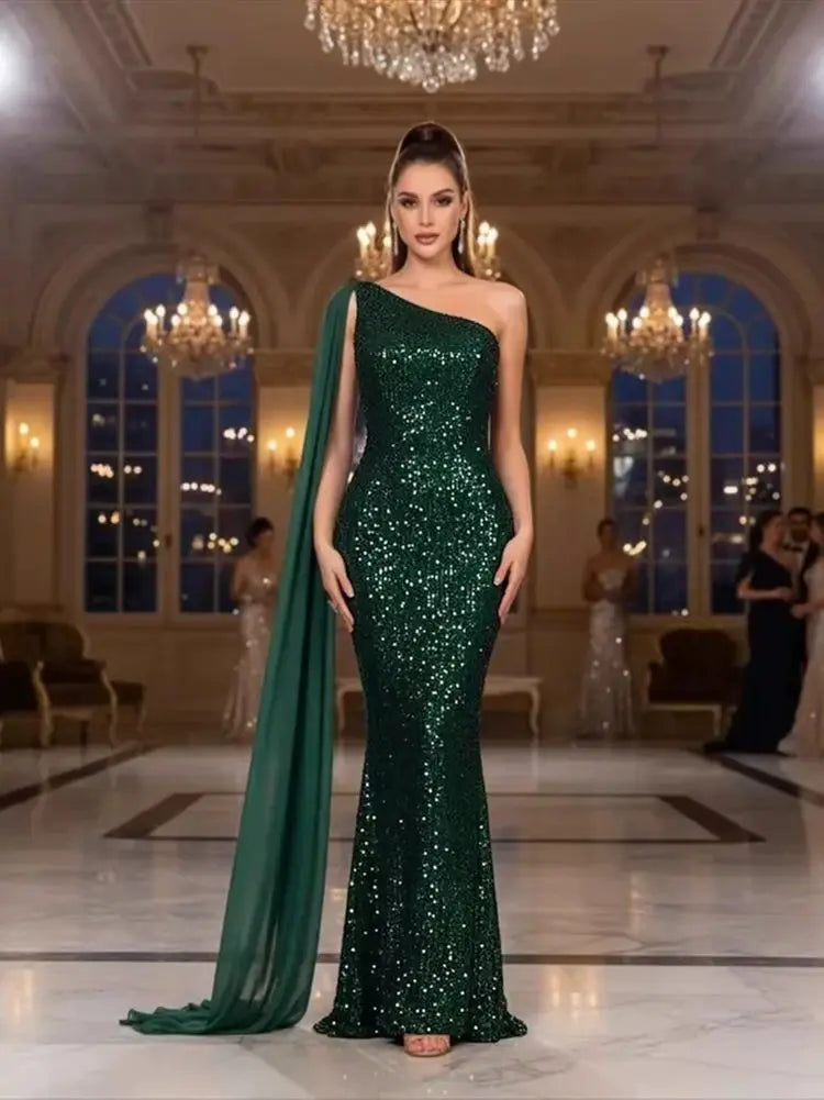One Shoulder Chiffon Ribbon Flip Green Sequined Evening Dress Long Prom Maxi Gown for Women