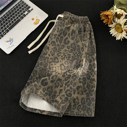 Men Leopard Denim Shorts Summer Thin American High Street Drawstring Casual Pants Loose Popular Versatile Handsome Trousers
