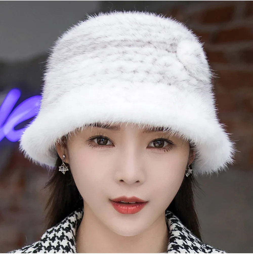 Woman Hat Winter Solid Mink Caps With Flower Natural Mink Fur Hats New Russian Girl Soft Knitting Real Fur Bucket Hats 2026 Warm