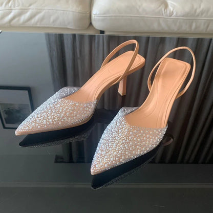 2024 Moda Verão Feminina Salto Alto Decoração de Pérolas Slingback Scarpin Feminino Salto Fino Bico Fino Sandálias Sapatos Femininos Elegantes