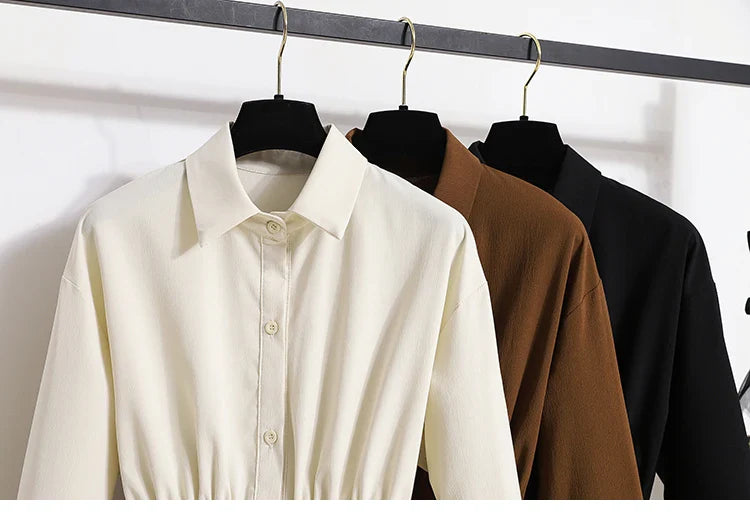 2026 Women's Plus Size Blouse Korean Style Spring Autumn Loose Elegant Casual Mid-length Tops Long Sleeved Waist Cinching Shirts