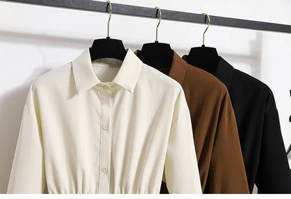 2026 Women's Plus Size Blouse Korean Style Spring Autumn Loose Elegant Casual Mid-length Tops Long Sleeved Waist Cinching Shirts