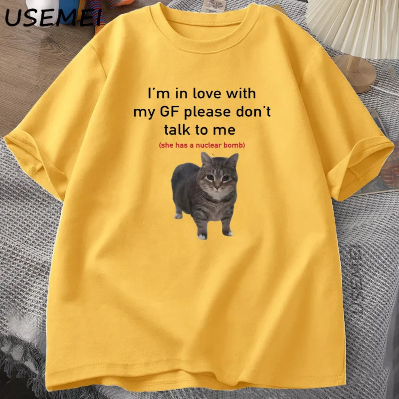 Asian size Funny Cat T-shirts Boyfriends Cotton O-Neck Oversized Tee Men's Short Sleeve T-shirt Couple Tees