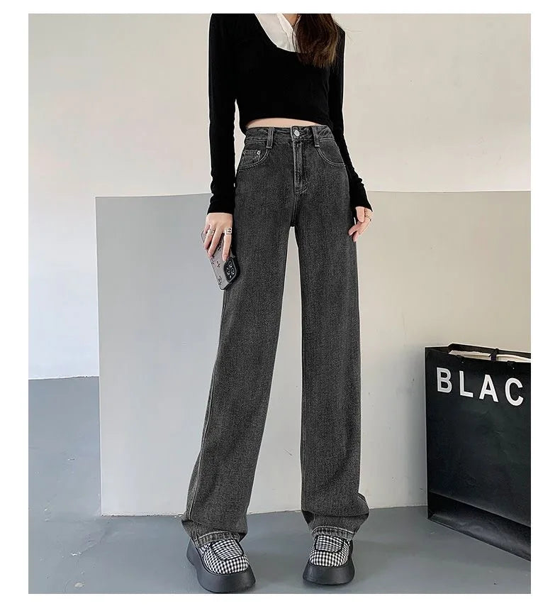 Calça Jeans Casual De Cintura Alta E Perna Larga Retrô Versátil
