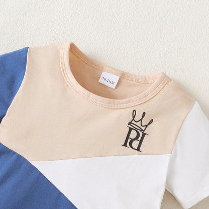 2PCS Handsome Child Boy Clothes Set Color Block Short Sleeve T-shirt+Shorts Fashion Summer Leisure Time Outfit Kid Boy 1-6 Years