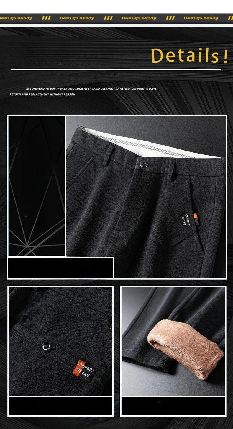 Fleece Men's Casual Pants 2025 Winter New Soft Fashion Business Velvet Slim Trousers Stretch Thick Classic Plush Male Pants