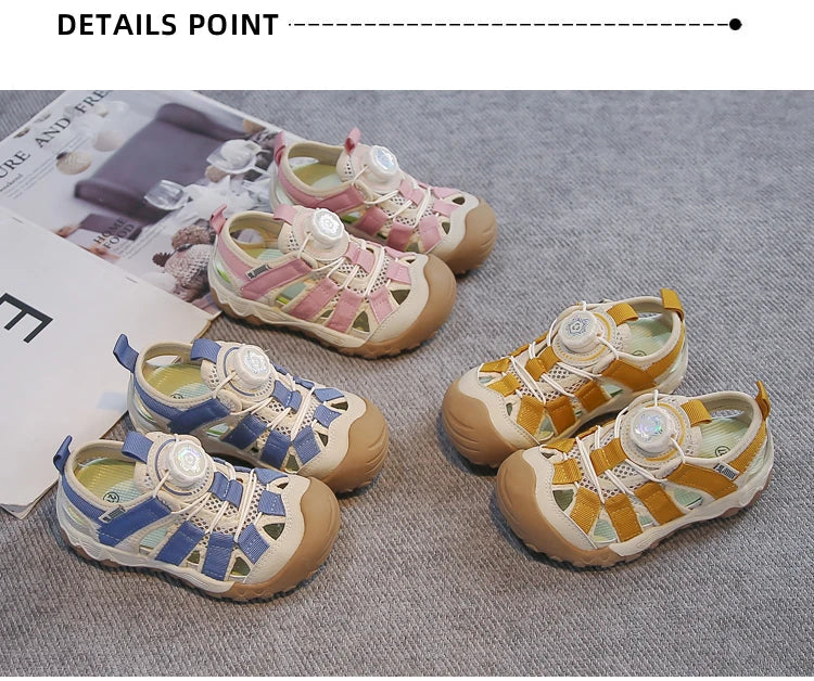 Kids' Rotating Button Closed-Toe Sandals, Breathable Mesh Shoes, Non-Slip Boy Girls Barefoot Shoes Summer Casual Sports Sandals