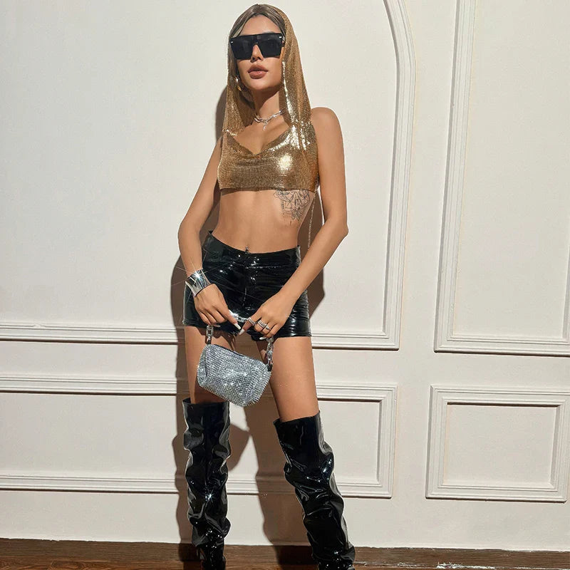Y2K Streetwear Metal Sequins Women Tank Top Punk Goth Hip Hop Bandana Head Wraps Vest Rave Festival Women Tops Tee For Nightclub