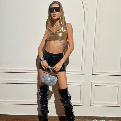 Y2K Streetwear Metal Sequins Women Tank Top Punk Goth Hip Hop Bandana Head Wraps Vest Rave Festival Women Tops Tee For Nightclub