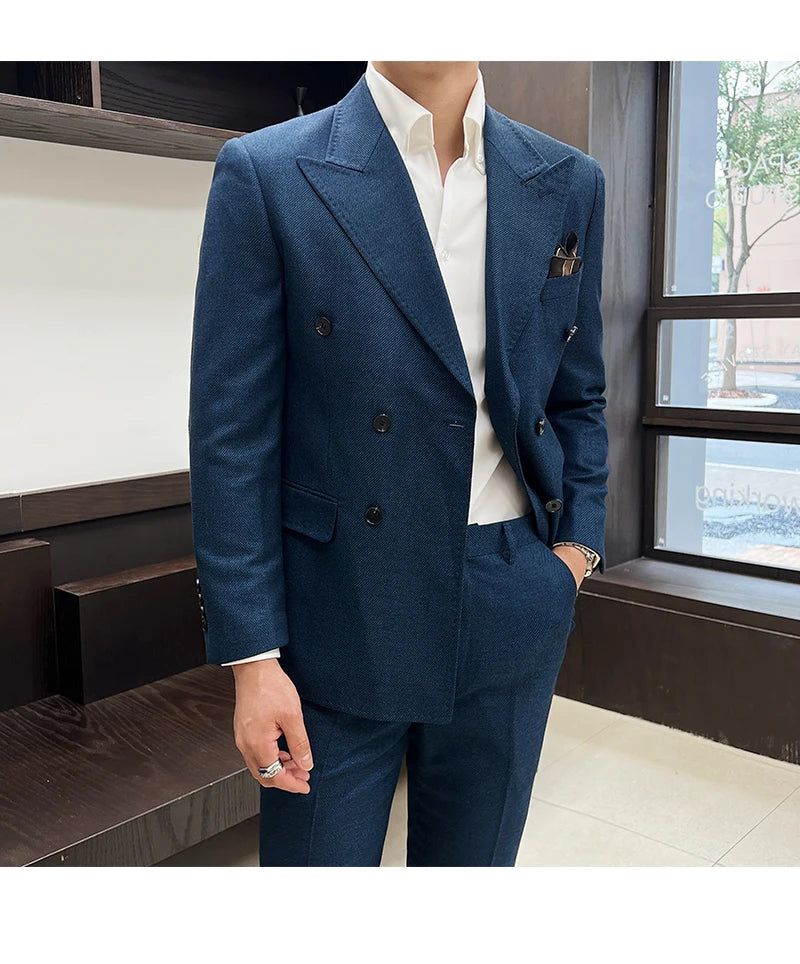 Men Vintage Luxury Double Breasted Slim Fit Lapel Evening Gown ltalian Style Fashion High-end Groom Wedding Party Tuxedo 2 Piece