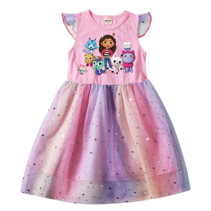 Kids Gabby's Dollhouse Cats Princess Dress Summer Casual Girls Rainbow Mesh Dress Children Carnival Wedding Birthday Party Dress