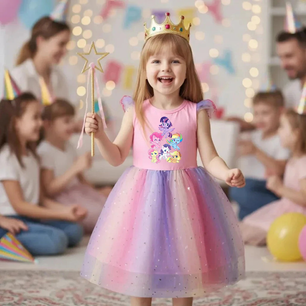 My Little Pony Baby Girls Dress Children Cartoon Mesh Star Sequins Princess Dress Kids Flying Sleeve Skirt For Daily Gift
