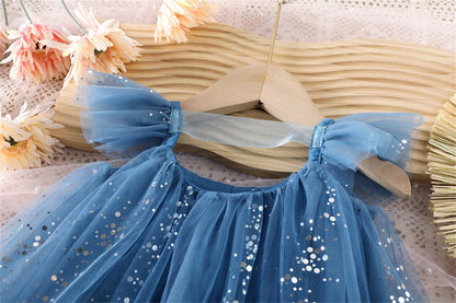 2026 Summer 1-5Y Korean Style Girls Suspender Dress Kids Flutter Sleeve Mesh Breathable Daily Party Dress Children Clothes