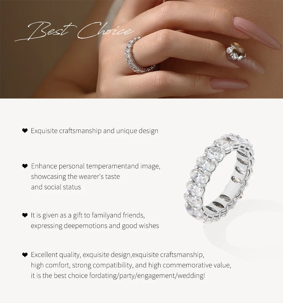 3*5mm Oval Cut Full Moissanite Eternity Rings for Women Men S925 Sterling Silver Jewelry Elegant Stackable Wedding Ring