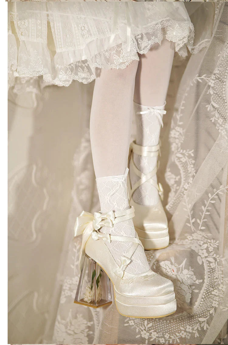Original Lolita Red High Heels Women's Sweet Elegant Bow Velvet Mary Jane Shoes Ladies Birthday Party Cos Platform Shoes Spring