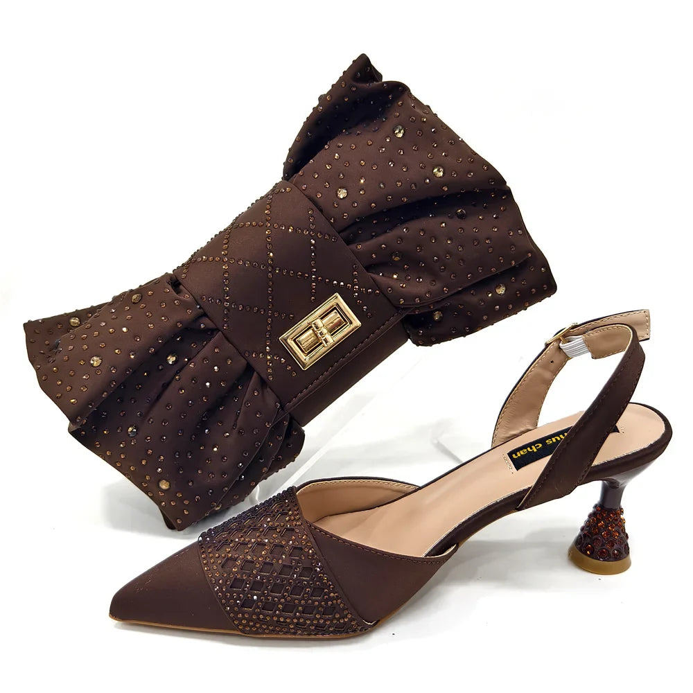 Elegant Nigerian Women’s Wine Colour Heeled Shoes and Rhinestone Handbag Set – Italian Design for Parties and Weddings