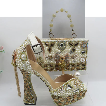 Luxury Champagne Golden Crystal wedding shoes matching bags woman fashion Thick heel Women party dress shoes Pointed Toe shoes