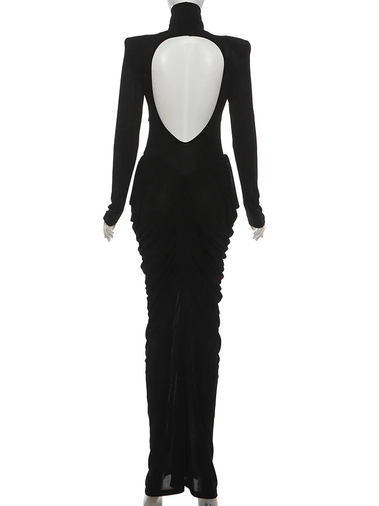 Autumn New Style Maxi Dress Women Turtleneck Full Sleeve Backless Skinny Stretch  Prom Party Ruched Elegant Vestidos