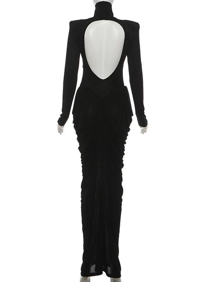 Autumn New Style Maxi Dress Women Turtleneck Full Sleeve Backless Skinny Stretch  Prom Party Ruched Elegant Vestidos