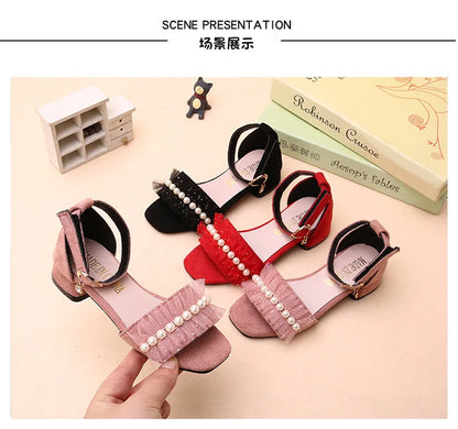 Girls Sandals Summer Shoes Cute Pearls Roman Shoes Pink Black Beading Open-toe Kids Fashion Girls Party Sandals Kids Shoes Chic