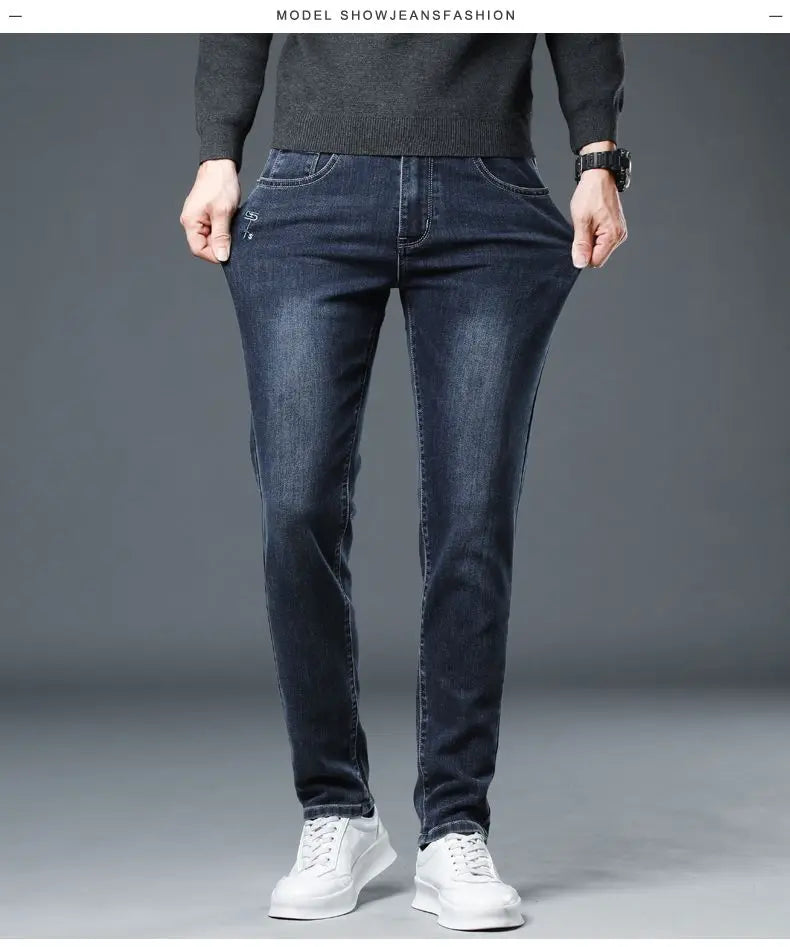 New Autumn/winter 2025 Stretch Wash Jeans for Young Men with Small Straight Elastic WaistJeans Pants Fashion Men's Trousers
