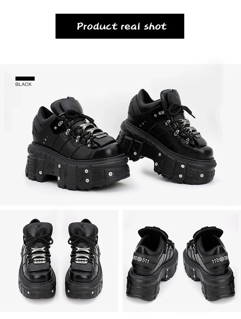 2026 New Punk Style Women Shoes Lace-up Heel Height 6CM Platform Shoes Woman Gothic Ankle Rock Boots Metal Decor Woman Sneakers