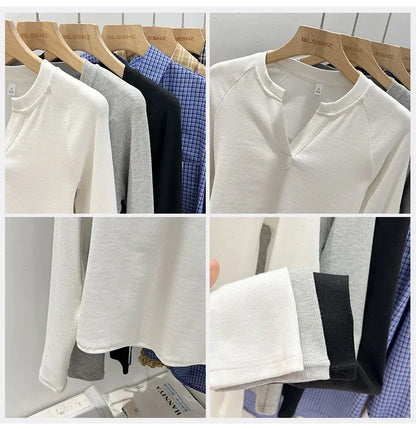 2026 Women's Basic Style Slim Fit V-Neck Long Sleeve T-Shirt Korean Style Versatile Simple Base Layer Top Casual Tee for Women