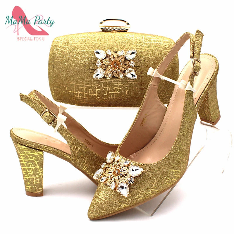 Nigerian Women Shoes and Bag Set in Gold Color High Quality New Arrivals Classics Style for Garden Party