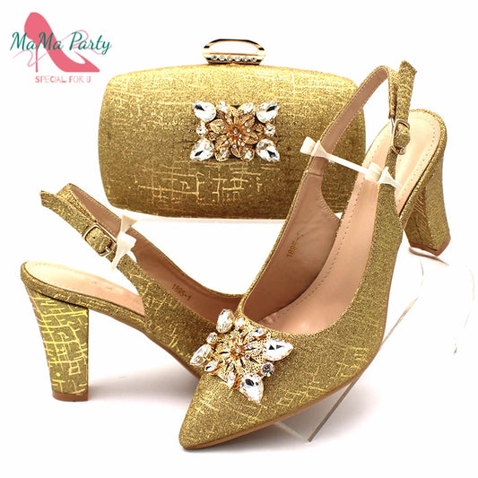 Nigerian Women Shoes and Bag Set in Gold Color High Quality New Arrivals Classics Style for Garden Party