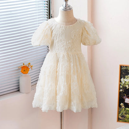 New Summer Teenager Girl Dress Solid Color Short Puff Sleeves Square Collar 3D Flower Sequined Baby Princess Dresses 2025