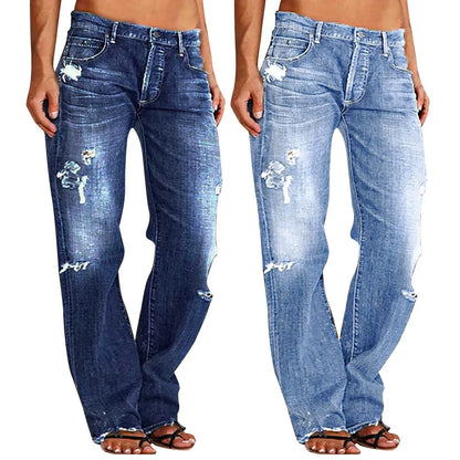 Women Men Denim Pants Casual Ripped Loose Straight Leg Jeans