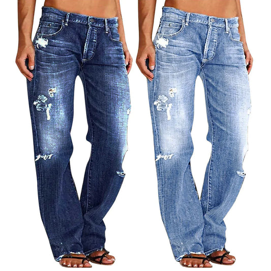Women Men Denim Pants Casual Ripped Loose Straight Leg Jeans