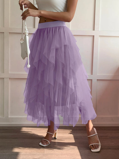Medium waist chiffon long skirt for women, irregular layered pleated edge layered cake skirt, elegant fairy A-line skirt